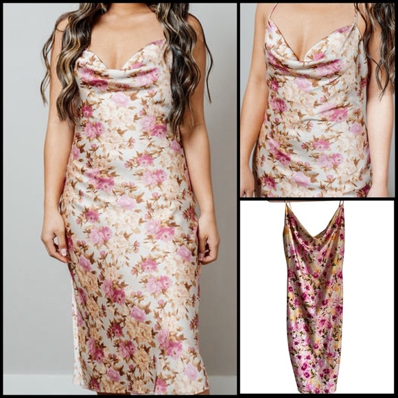 IRIS Yellow Pink Floral Satin Slip Cowl Neck Coquette Romantic Midi Dress Sz M - Picture 1 of 10